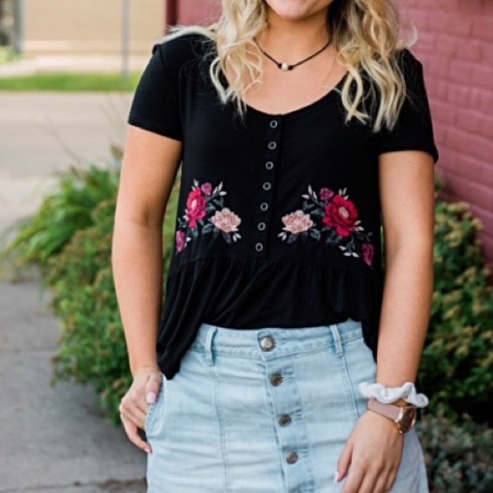 AEO Black peplum henley top small red floral embroidery